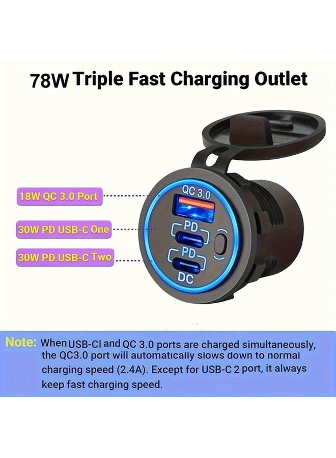 Triple Port Fast Car Charger With Line QC 3 0 Type C PD 3 0 For 12V 24V Vehicles Boats Trucks RVs Motorcycles - Image 5