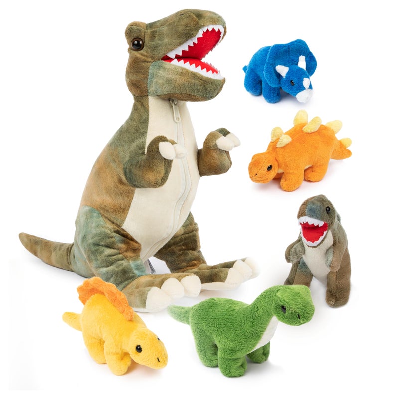 PREXTEX Dinosaur Stuffed Animal Set - Mommy T-Rex with 5 Plush Baby Dinosaurs Inside - Soft Dinosaurs Plush Toys for Kids 3 and Up - Portable Dinosaur Pillow Gift for Boys and Girls - Zipper Storage - Image 1