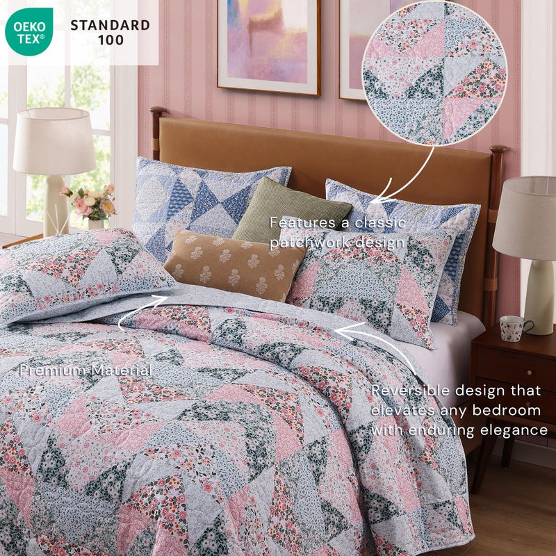 BLOOMHAVEN Quilt Set Queen Size, Patchwork Pink Floral Quilt Sets, Reversible Bedspread Lightweight and Breathable for All Seasons, Soft Quilted Bedspread with 2 Pillow Shams - Image 5