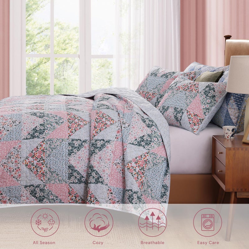 BLOOMHAVEN Quilt Set Queen Size, Patchwork Pink Floral Quilt Sets, Reversible Bedspread Lightweight and Breathable for All Seasons, Soft Quilted Bedspread with 2 Pillow Shams - Image 3