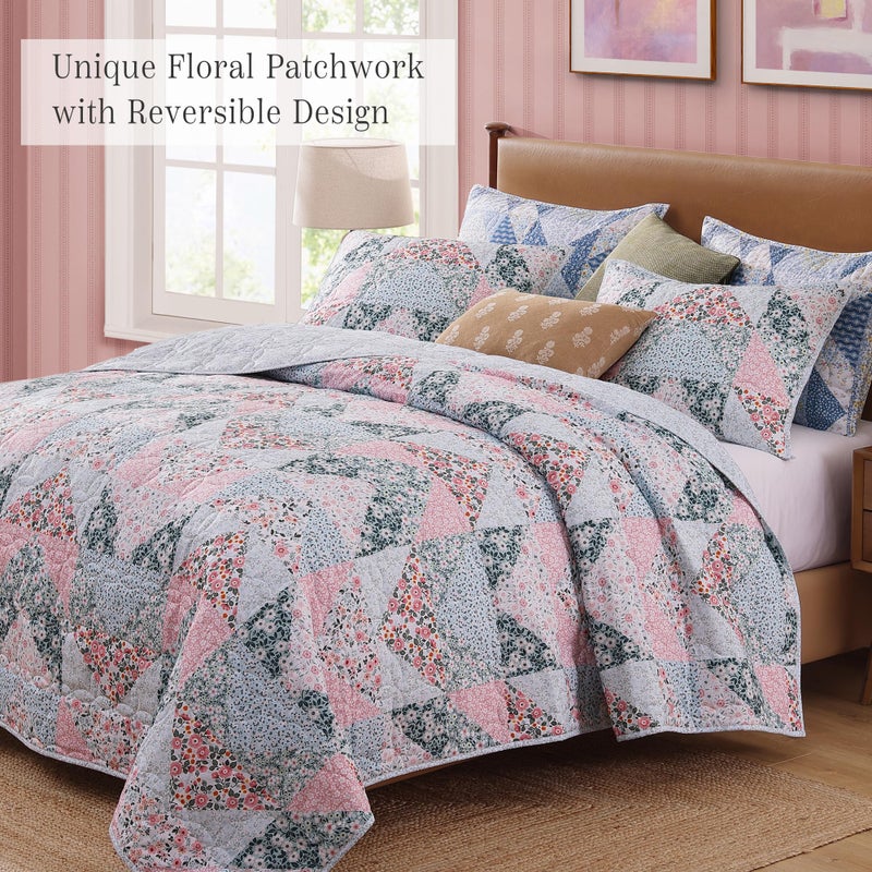 BLOOMHAVEN Quilt Set Queen Size, Patchwork Pink Floral Quilt Sets, Reversible Bedspread Lightweight and Breathable for All Seasons, Soft Quilted Bedspread with 2 Pillow Shams - Image 2