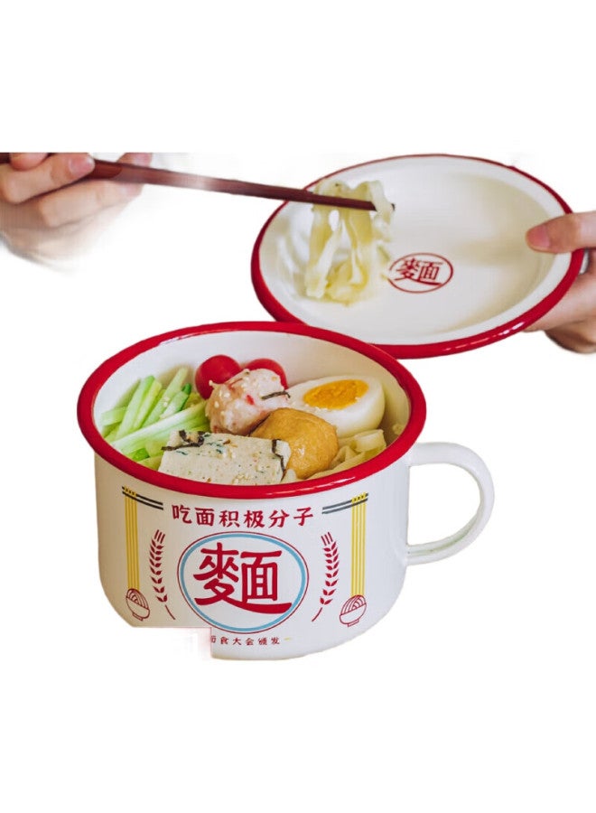 SHUEHO Shuke Enamel Noodle Bowl With Lid, Retro Creative Single-Serving Tableware, Large Rice Serving Bowl - Image 1