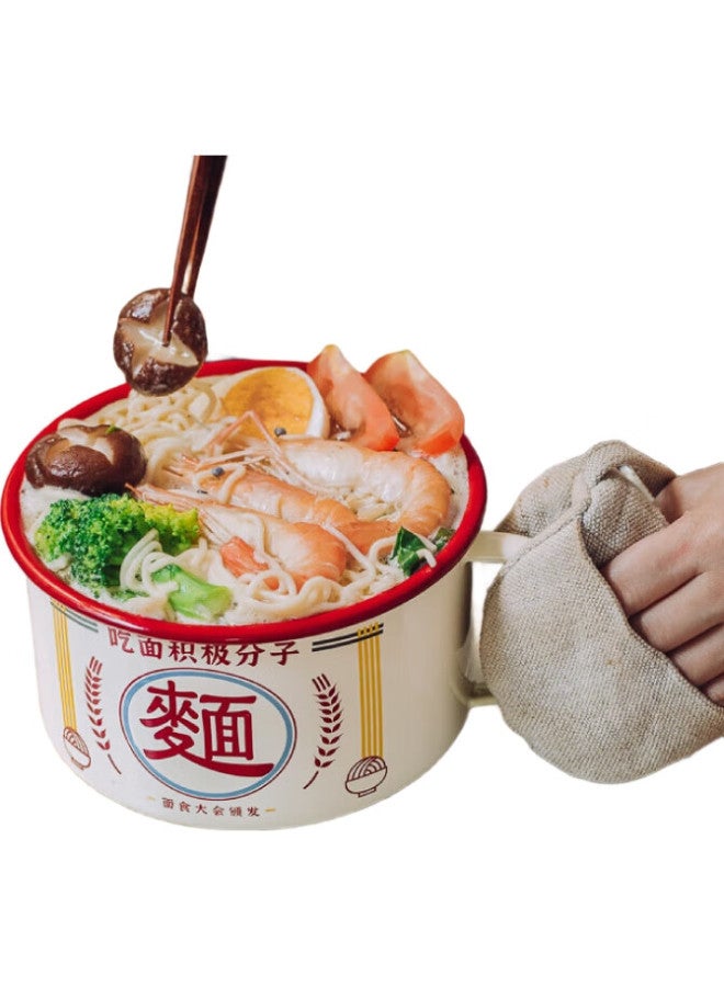 SHUEHO Shuke Enamel Noodle Bowl With Lid, Retro Creative Single-Serving Tableware, Large Rice Serving Bowl - Image 3