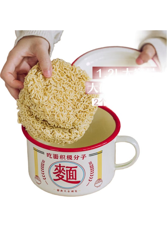 SHUEHO Shuke Enamel Noodle Bowl With Lid, Retro Creative Single-Serving Tableware, Large Rice Serving Bowl - Image 2