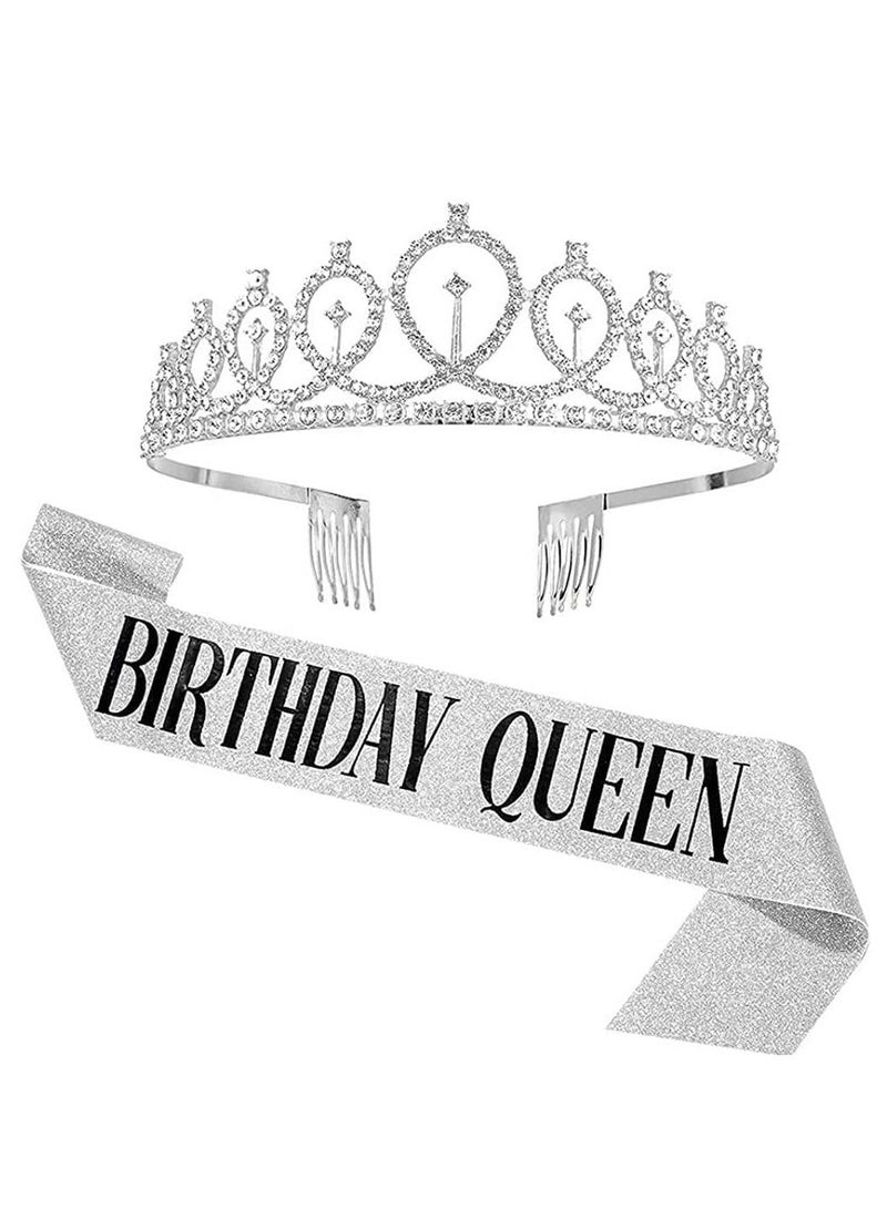 VITION Birthday Queen Sash and Crown, Happy Birthday Sash & Rhinestone Tiara Hair Ribbon, Sash with Crown Headband for Girls Women Party Celebrations (BG-B Silver) - Image 1