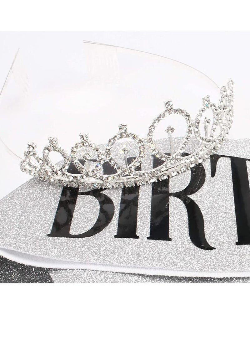 VITION Birthday Queen Sash and Crown, Happy Birthday Sash & Rhinestone Tiara Hair Ribbon, Sash with Crown Headband for Girls Women Party Celebrations (BG-B Silver) - Image 4