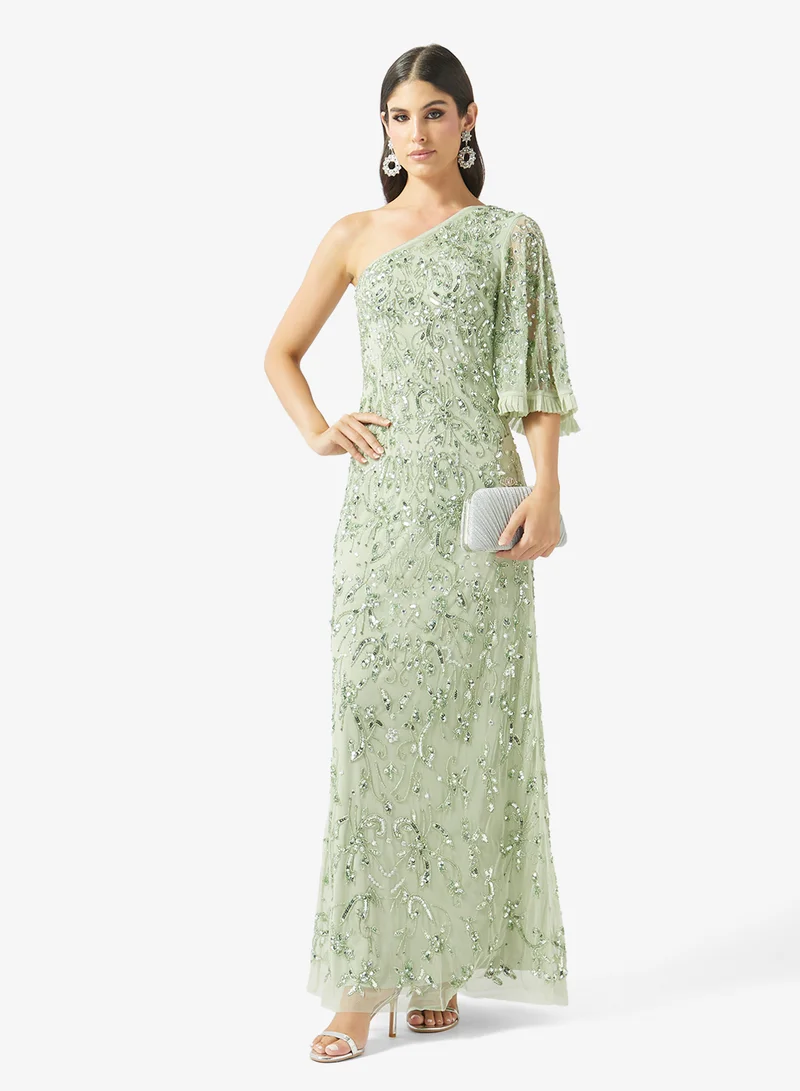 Frock And Frill Sage Sequin One Shoulder Maxi Dress for Women | Best Price UAE