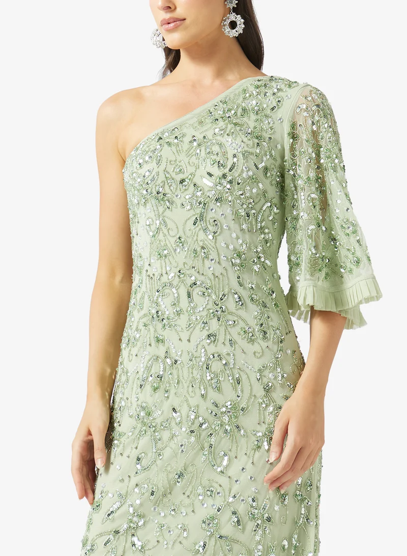 Frock And Frill Sage Sequin One Shoulder Maxi Dress for Women | Best Price UAE