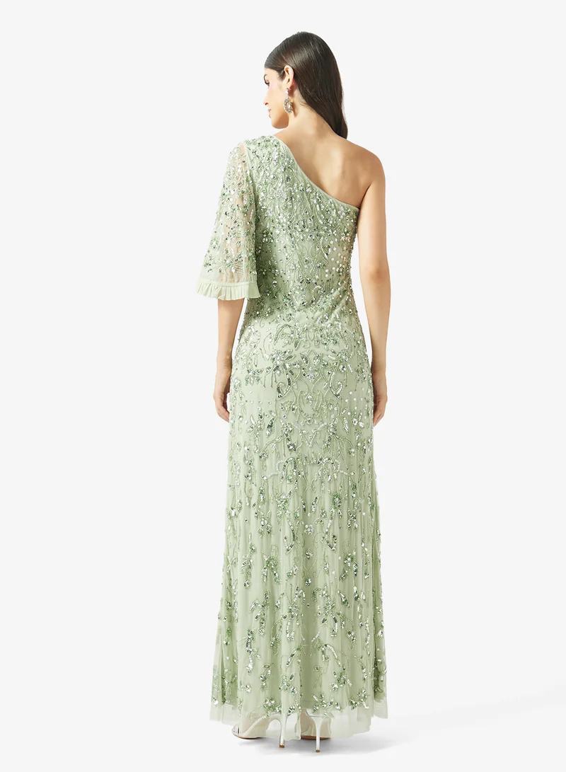 Frock And Frill Sage Sequin One Shoulder Maxi Dress for Women | Best Price UAE