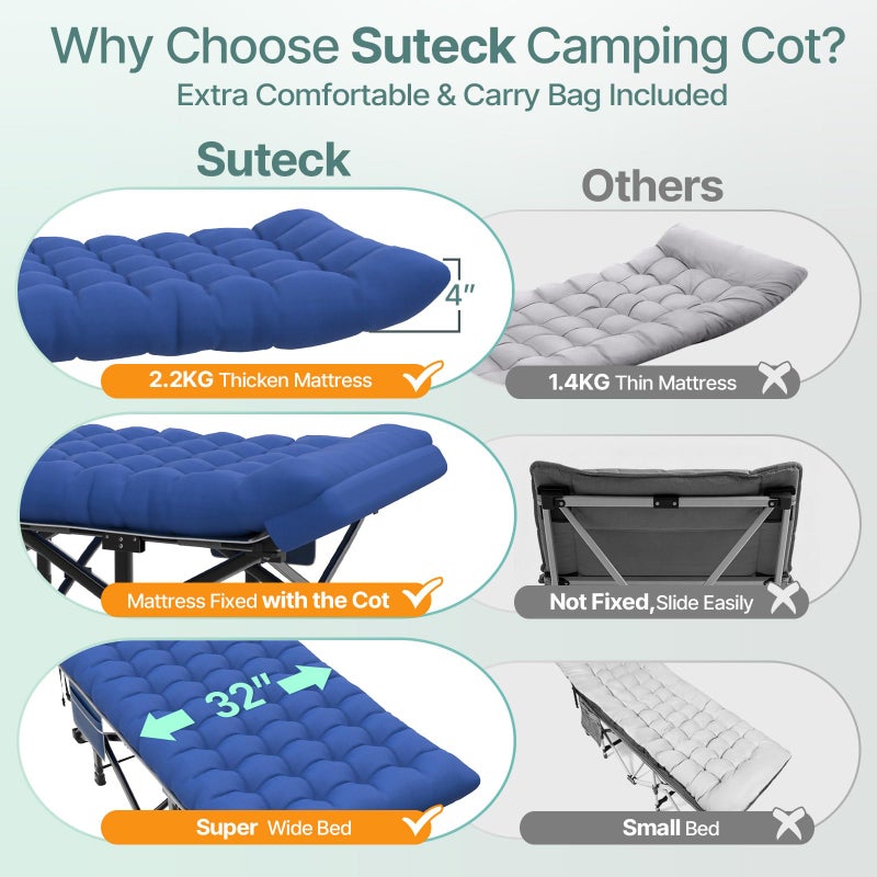 Suteck 32In XXL Folding Camping Cot, 900LBS Heavy Duty Sleeping Cot with Pillow Mattress, 1200D Double-Layer Oxford Portable Cot for Adults with Carry Bag for Home Office Nap Beach Travel - Image 4