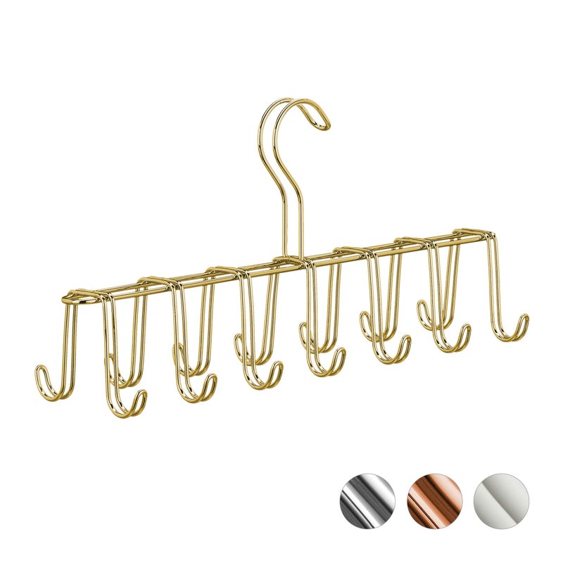 Relaxdays Belt Holder Modern Metal Tie Rack Compact 14 Hooks Wardrobe Organiser Gold