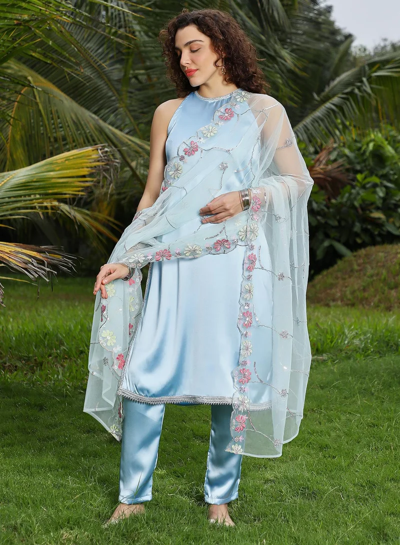 QISSA Women's Powder Blue Blush Bloom Kurta Set
