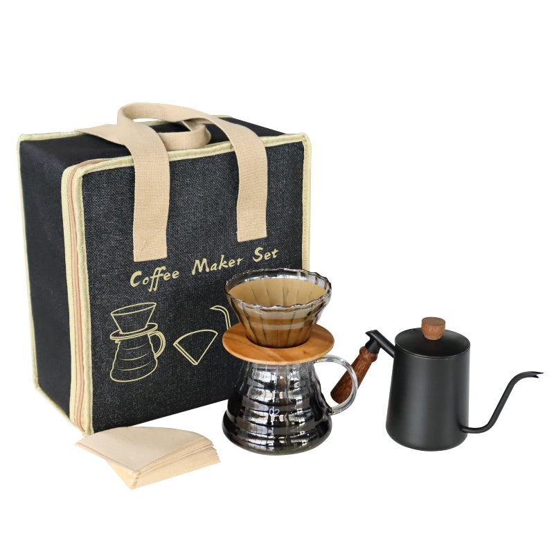 SOTECH Pour Over Coffee Maker Set with Black Gooseneck Kettle Wooden Pad Holder Coffee Dripper Server DIY Manual Portable Coffee Maker Set