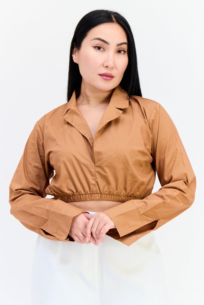 Public Desire x Kenza Women Spread Collar Long Sleeves Solid Shirt, Mocha - Image 1