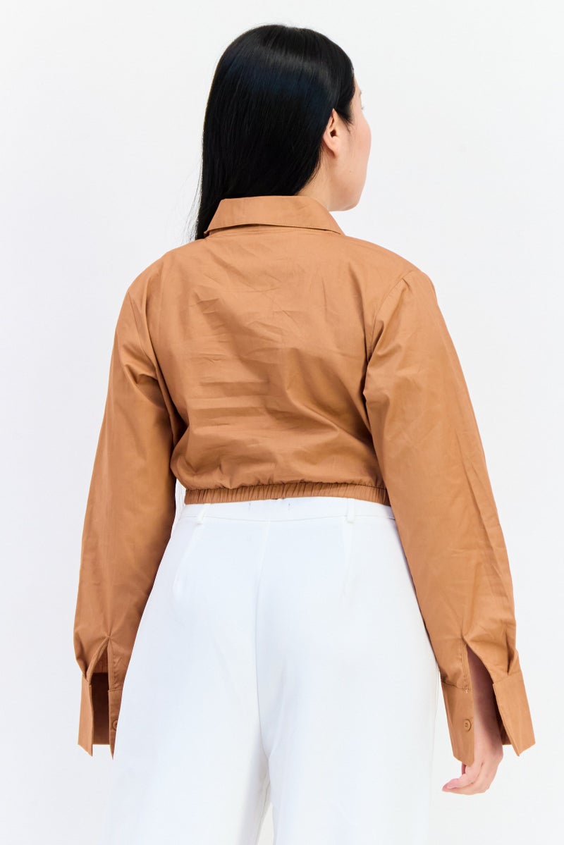 Public Desire x Kenza Women Spread Collar Long Sleeves Solid Shirt, Mocha - Image 3