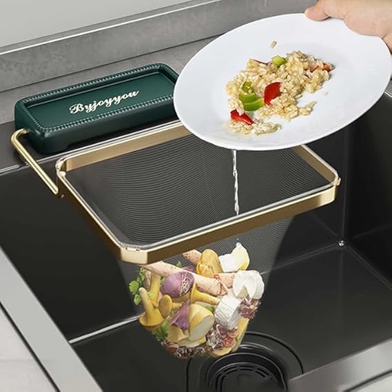 HIMJA Kitchen Sink Food Waste Collector Mesh Collapsible Drainer Foldable Design Sink Strainer with 50 Filter Net Mesh Bag Hanging Net Drain Basket Leftovers Soup Sink GarbageStorage Rack Holder - Image 1