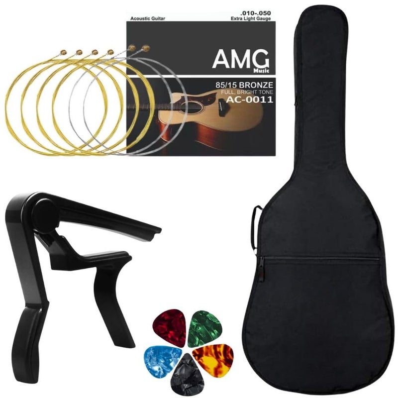 Mocking Bird حقيبة جيتار أكوستيك 38"-41" حقيبة جيتار مقاومة للماء، أوتار، كابو جيتار، ريشة ملونة – حقيبة مبطنة للجيتار الأكوستيك والكهربائي، مثالية للمبتدئين والطلاب والسفر - Image 1