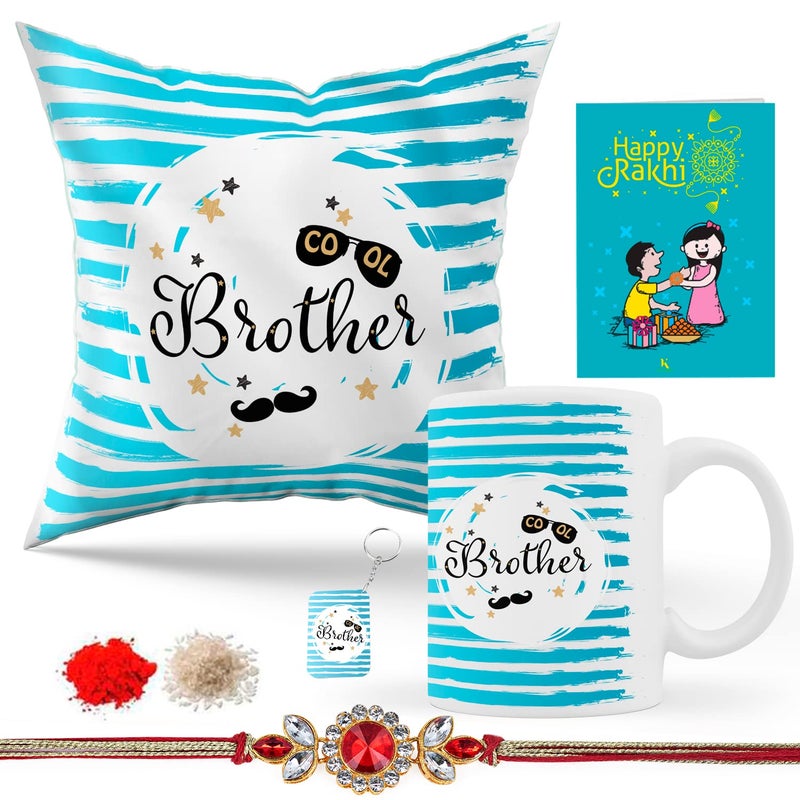 Kaameri Bazaar Kaameri Bazaar Cool Brother Quote Printed Cushion Cover with Filler Coffee Mug Keychain Rudraksh Rakhi Roli chawal Greeting Card Raksha bandhan Rakhi Gift for Brother bhaiya bro - Image 1