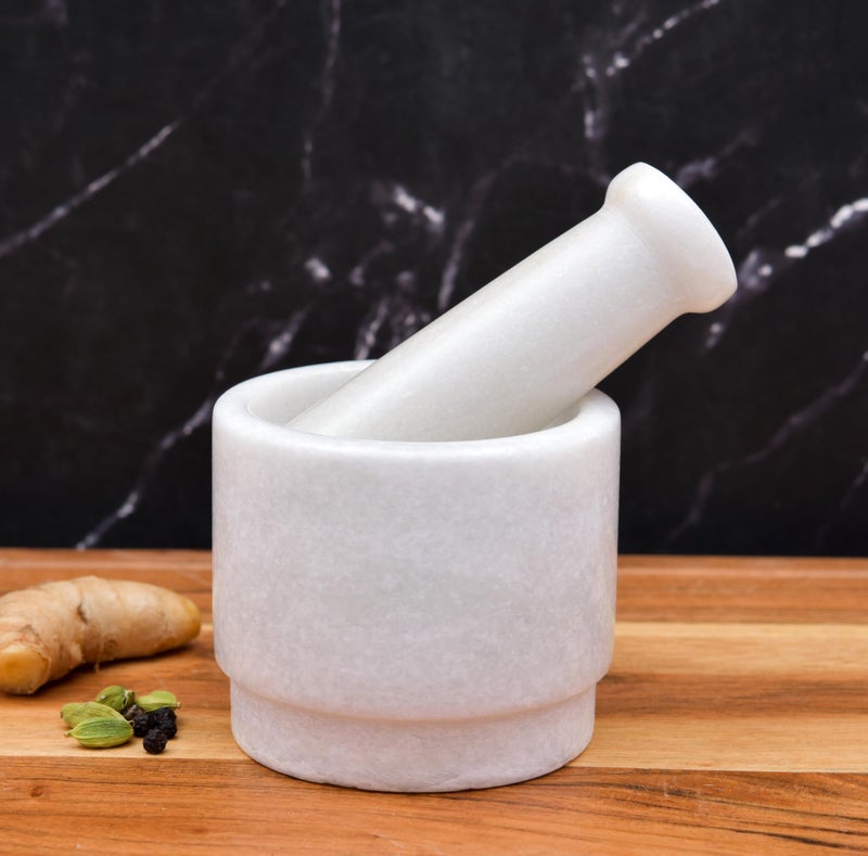 OGGN Natural White Marble Mortar & Pestle Sets Stone Okhli Musal Kharad Khallad Spice, Medicine Grinder Masher, Imam Dasta, Ginger Garlic Crusher - Image 1