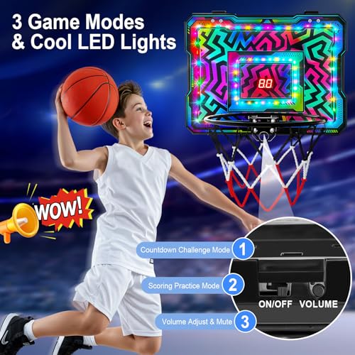 FIODAY Indoor Mini Basketball Hoop, Over the Door Basketball Hoop with LED Lights/Scoreboard/4 Balls, Upgraded Reinforced Backboard Frame, Basket Ball Toys Gift for Kids Ages 3-5-12+ Boys Girls - Image 2