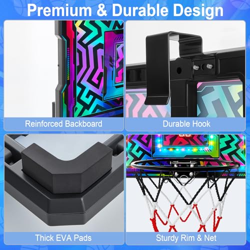FIODAY Indoor Mini Basketball Hoop, Over the Door Basketball Hoop with LED Lights/Scoreboard/4 Balls, Upgraded Reinforced Backboard Frame, Basket Ball Toys Gift for Kids Ages 3-5-12+ Boys Girls - Image 3