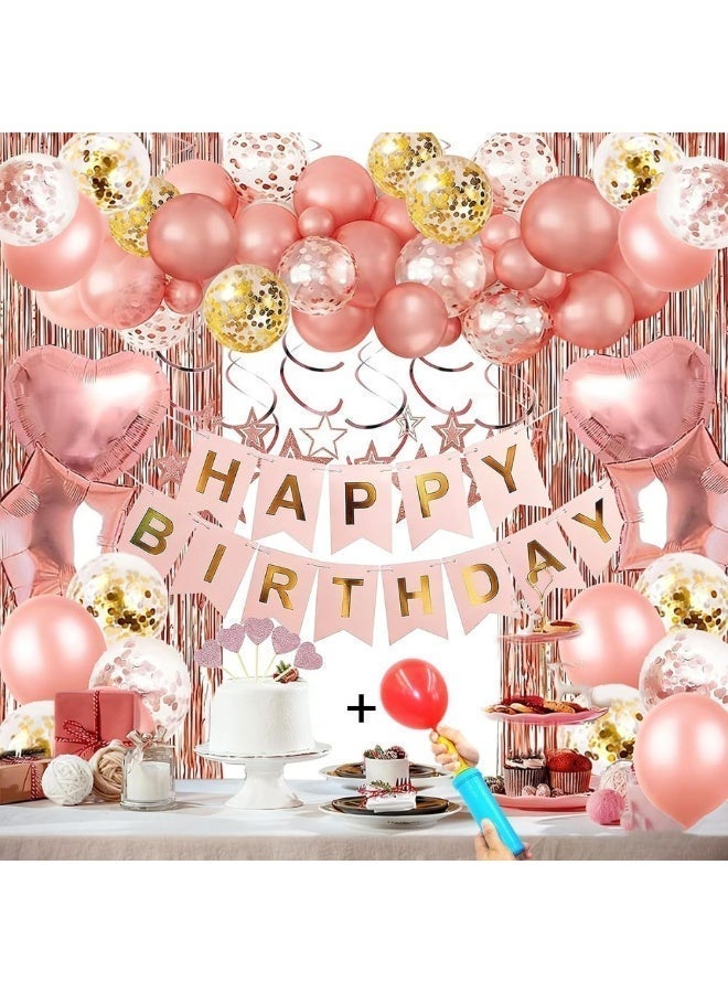 ديكورات حفلات أعياد الميلاد باللون الذهبي الوردي، لافتة عيد ميلاد سعيد، ستارة هامشية باللون الذهبي الوردي، قلب نجمة من رقائق معدنية، بالونات قصاصات ورقية معلقة، زينة كعكة لأعياد ميلاد النساء والفتيات، حفلة أميرة، 58 قطعة - Image 1