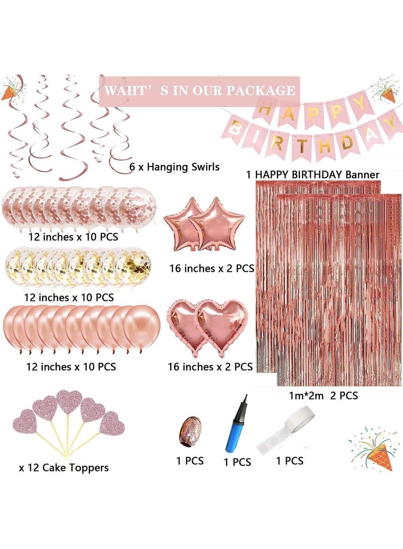 ديكورات حفلات أعياد الميلاد باللون الذهبي الوردي، لافتة عيد ميلاد سعيد، ستارة هامشية باللون الذهبي الوردي، قلب نجمة من رقائق معدنية، بالونات قصاصات ورقية معلقة، زينة كعكة لأعياد ميلاد النساء والفتيات، حفلة أميرة، 58 قطعة - Image 3