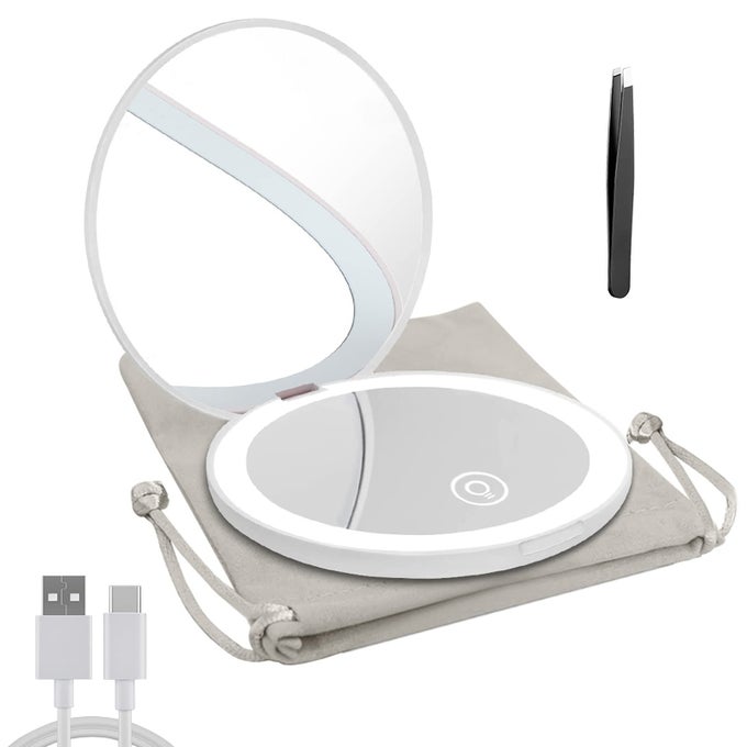 COMPACT MIRROR WITH LED LIGHT1X10X MAGNIFYING RECHARGEABLE MIRROR35IN DIMMABLE TRAVEL MIRROR FOR PURSEPOCKETHANDHELD 2SIDED MAKEUP MIRROR