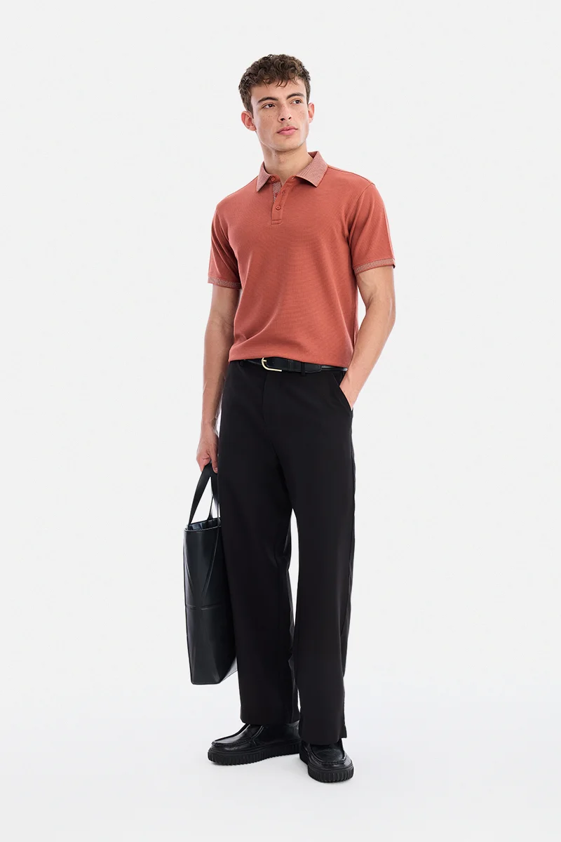 SNITCH Terracotta Textured Half Sleeve Regular Fit Casual T-Shirt
