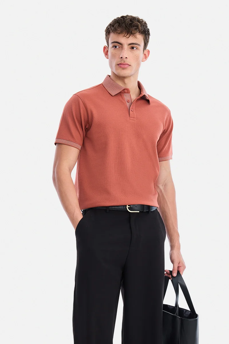 SNITCH Terracotta Textured Half Sleeve Regular Fit Casual T-Shirt