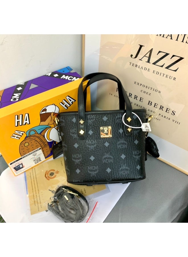 MCM Black Monogrammed Mini Tote Bag with Top Handle, Crossbody Strap and Gold-tone Accents