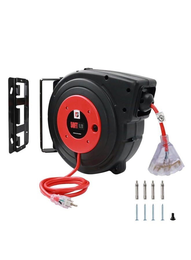 EP Retractable Extension Cord Reel, 50 Ft Heavy Duty Power Cord, 14 AWG/3C SJTOW, 13 AMP Circuit Breaker, Lighted Triple Tap, Ceiling or Wall Mount, UL Listed - Image 1