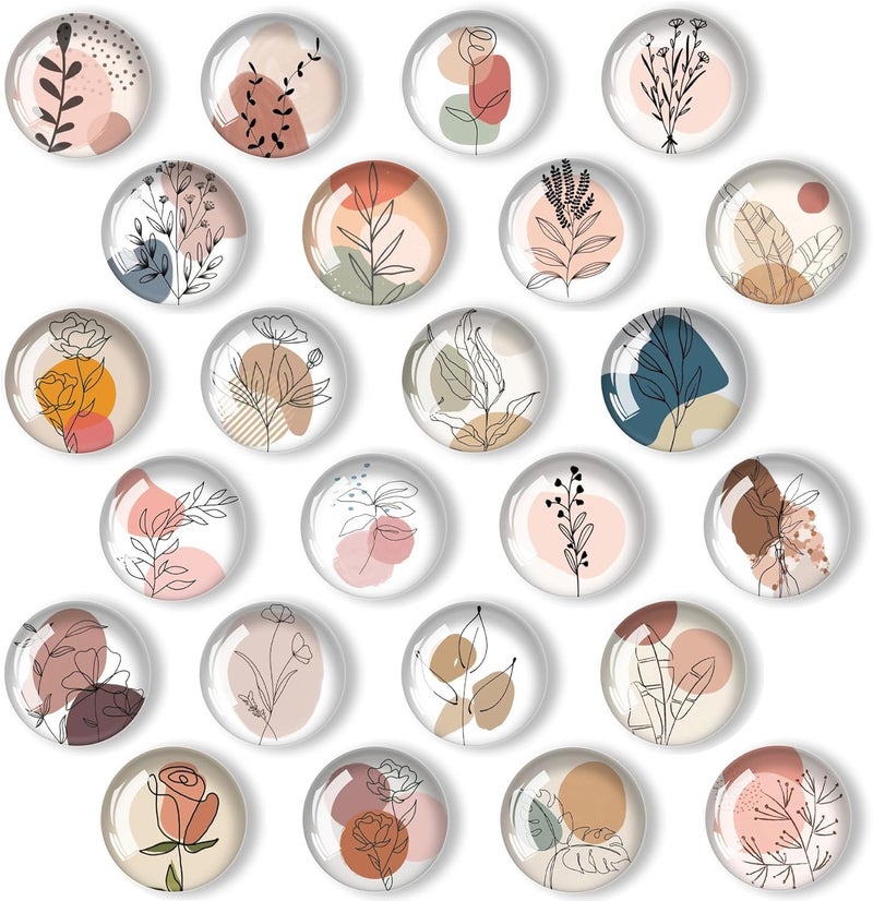YayaCat 24 Pcs 1.2 in Round Glass Boho Refrigerator Magnets - Strong & Non Scratch for Fridge,Locker,Office & Kitchen Decor.Aesthetic Flower Plant Line Drawing Design,Irresistibly Cute - Image 1