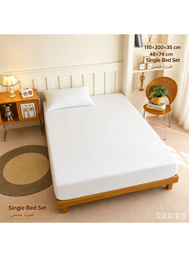 2-in-1 Single Fitted Sheet Set, Fitted Sheet 110×200×35cm + Pillowcase 48×74cm, Wrinkle Resistant Soft Mattress Cover, White - Image 2
