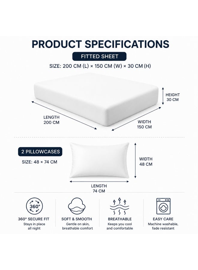 2-in-1 Single Fitted Sheet Set, Fitted Sheet 110×200×35cm + Pillowcase 48×74cm, Wrinkle Resistant Soft Mattress Cover, White - Image 3