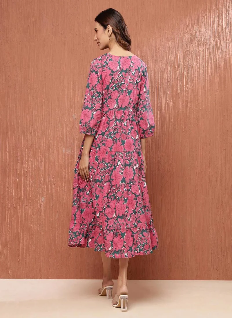 فاب انديا Pink Cotton Hand Block Printed Maxi