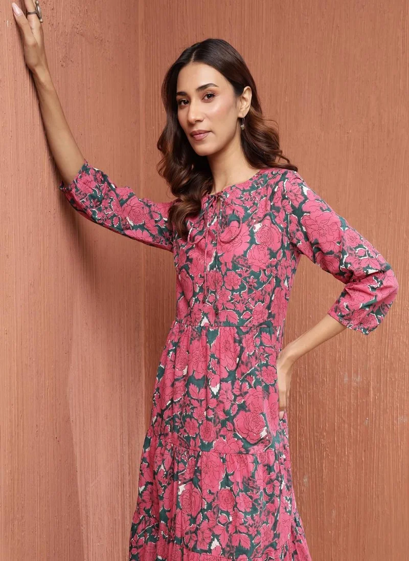 Fabindia Pink Cotton Hand Block Printed Maxi