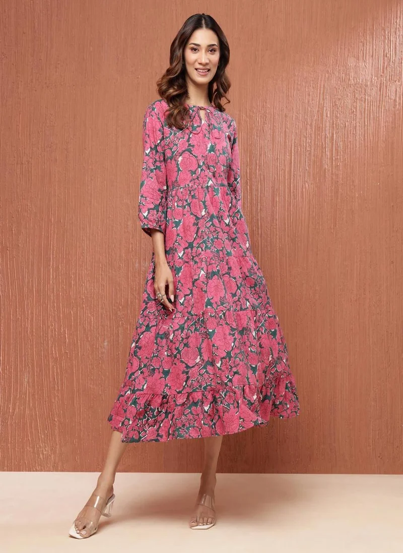 فاب انديا Pink Cotton Hand Block Printed Maxi