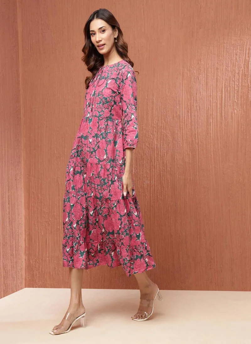 فاب انديا Pink Cotton Hand Block Printed Maxi
