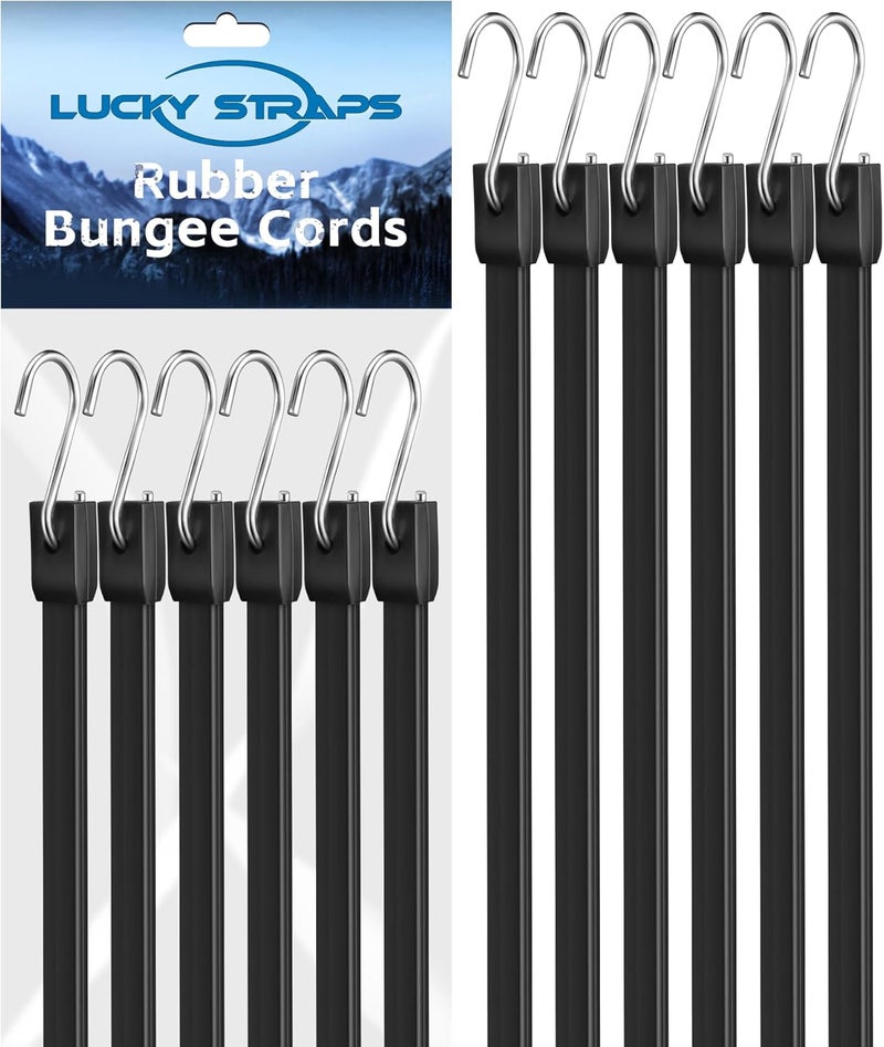 LuckyStraps 8 Inch Short Rubber Bungee Cords Heavy Duty Outdoor, Mini Small Bungee Straps with Upgraded Hooks, Black Tarp Straps with 1.9X Max Stretch & 100% Rubber for Cargo, Van, Truck, Motorcycle, etc (12 Pcs) Precision processed material - Image 1