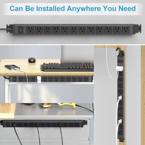 HHSOET 360° Rotating 12 Outlet Mountable Power Strip, Aluminum Alloy Long Power Strip,1200J, Heavy Duty Wall Mount Surge Protector with Switch, 6ft Power Cord. - Image 3