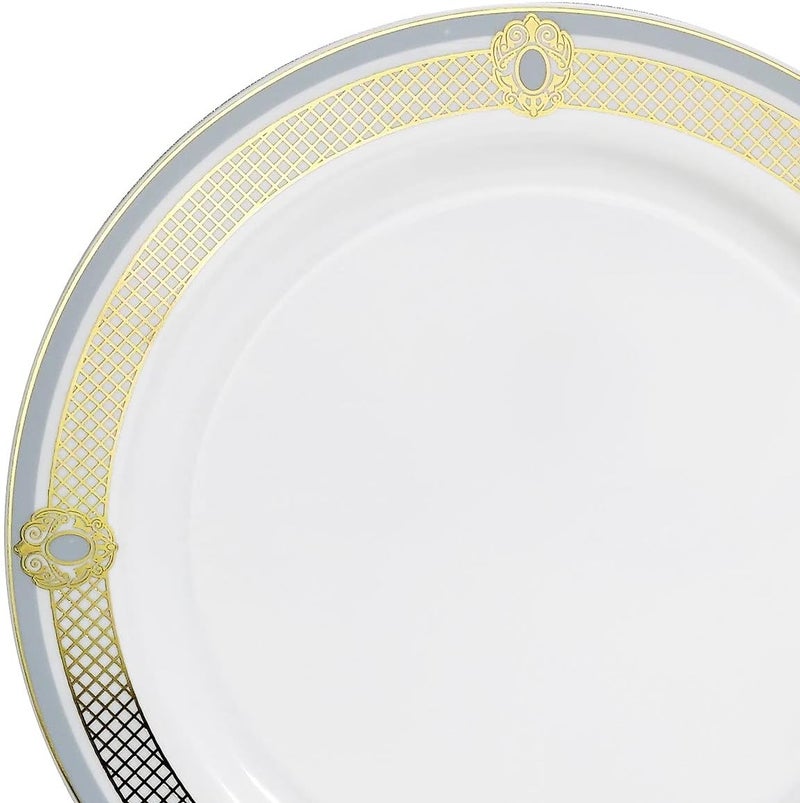 OCCASIONS FINEST PLASTIC TABLEWARE " OCCASIONS " 50 Plates Pack (25 Guests)-Wedding Party Disposable Plastic Plate Set -25 x 10.25'' Dinner + 25 x 7.5'' Salad & Dessert plates (Royal in White/Blue & Gold) - Image 3