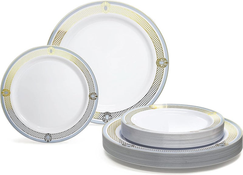 OCCASIONS FINEST PLASTIC TABLEWARE " OCCASIONS " 50 Plates Pack (25 Guests)-Wedding Party Disposable Plastic Plate Set -25 x 10.25'' Dinner + 25 x 7.5'' Salad & Dessert plates (Royal in White/Blue & Gold) - Image 1