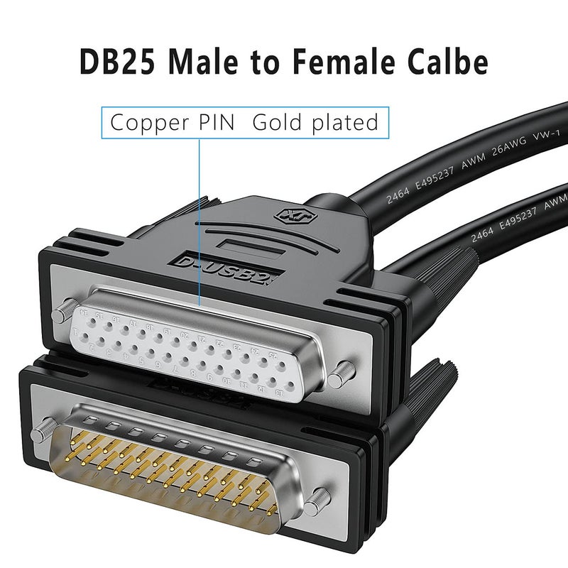 JUXINICE DB25 Male to Female Extension Cable - 3FT, 26awg Tinned Copper Wires of 25 Different Colored, Double-Shielded with Foil & Braid, D-SUB 25 Pin RS232 Serial Cable in Black - Image 2