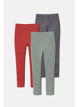 Tchibo Toddler Girls 3 Pieces Ribbed Leggings, Grey and Rust and Olive  - Image 2