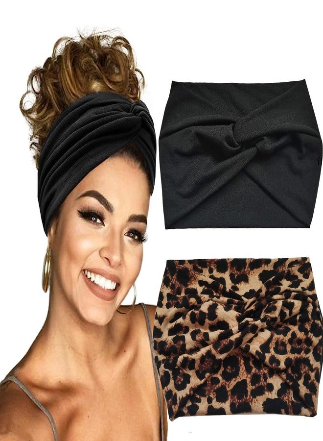 Hexchasty 2Pcs Turban Headbands for Women Fashion Boho Stretchy Thick Cute Extra Wide Headbands large Fabric Knotted Cloth Twisted Head Wraps for Womens Girls Black and leopard - Image 1
