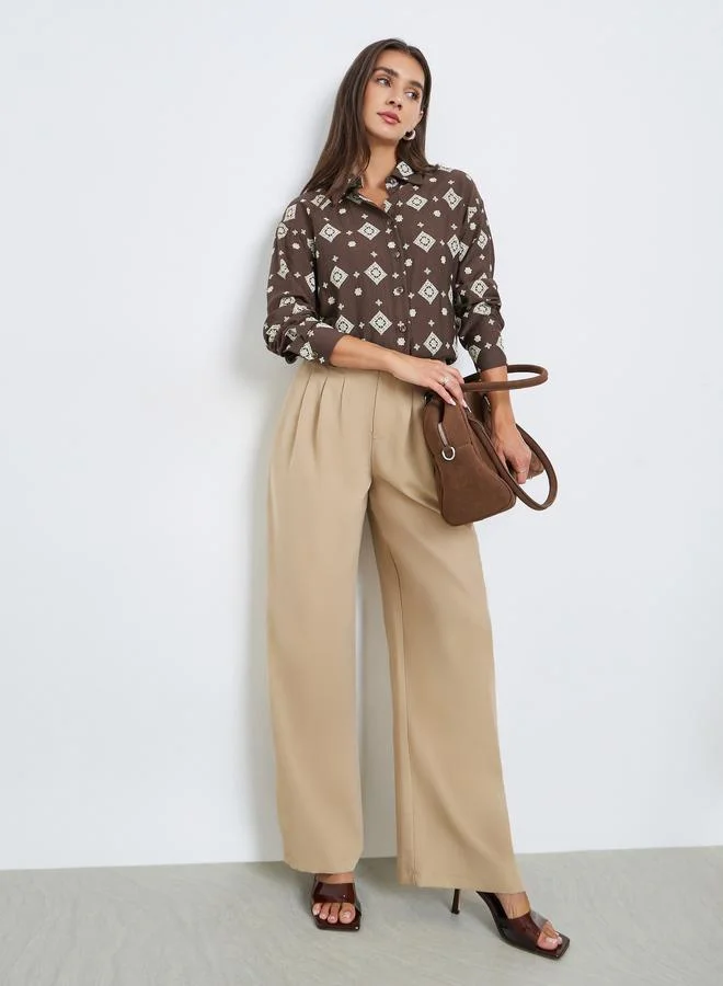 Styli Brown Geometric Print Long Sleeve Shirt