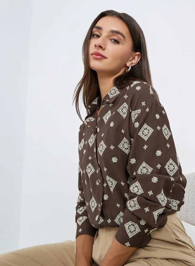 Styli Brown Geometric Print Long Sleeve Shirt