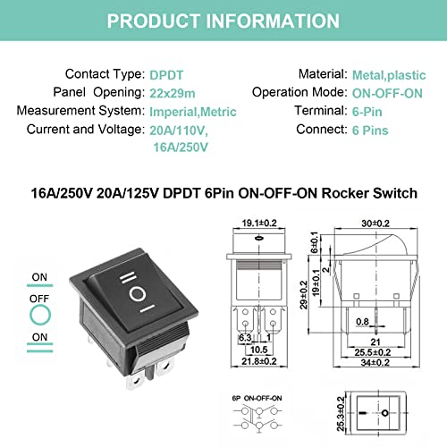 QTEATAK 2Pcs DPDT 6 Pins 3 Position ON/Off/ON Black Rocker Toggle Switch for Car and Boat AC 20A/125V 16A/250V KCD4 - Image 2