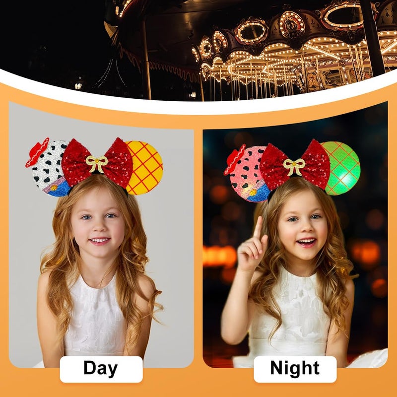 Tarocynn 2 PCS Mouse Ears Headbands with LED Light Sequin Cowboy Space Plane Headbands Park Ears for Party Favors Cosplay Costumes Accessories (Yellow & White) - Image 2